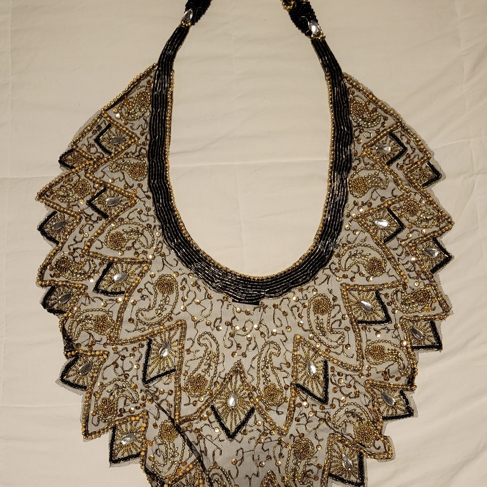 Elegant Gold and Black Beaded Collar Wrap Overlay